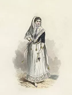 Dressing Gallery: Young woman from Mallorca, color engraving 1870