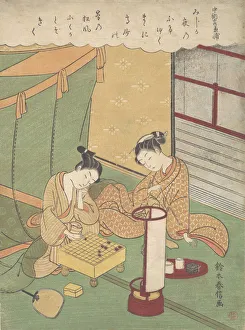 A Young Woman and Man Playing Shogi (Japanese Chess); Chunagon Kanesuke, from a ser A Young Woman and Man Playing Shogi (Japanese Chess); Chunagon Kanesuke, from a ser