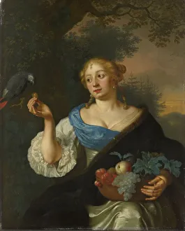 Pearl Earrings Prints: A Young Woman with a Parrot, 1660-1680. Creator: Ary de Vois
