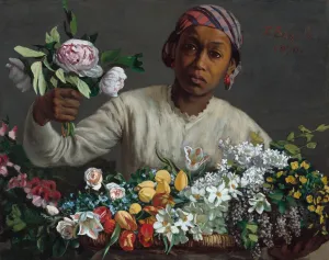 Headscarf Prints: Young Woman with Peonies, 1870. Creator: Frederic Bazille