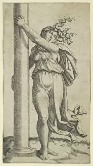 A young woman personifying Force or Strength holding a column, ca. 1517-27. Creator: Marcantonio Raimondi