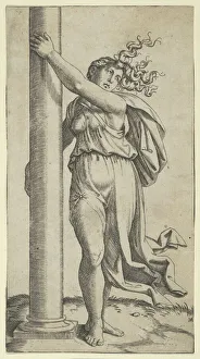 Raimondi Marcantonio Prints: A young woman personifying Force or Strength holding a column