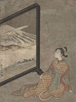 Young Woman with a Pipe in Her Hand Gazing at Landscape Painted on a Screen