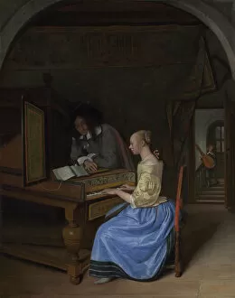 Steen Gallery: A Young Woman playing a Harpsichord, c. 1660. Artist: Steen, Jan Havicksz (1626-1679)