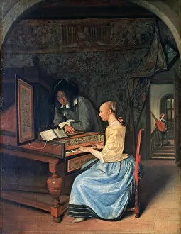 Steen Gallery: A Young Woman playing a Harpsichord, c1659. Artist: Jan Steen