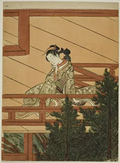 Kioto Japan Prints: Young Woman Seated on the Balcony of Kiyomizu Temple, c. 1766. Creator: Suzuki Harunobu