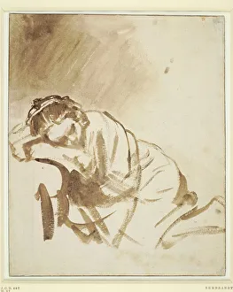 Sepia On Paper Prints: A young woman sleeping (Hendrickje Stoffels)
