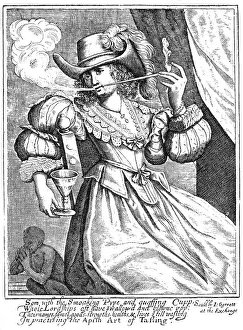 Tobacco Prints: Young woman smoking a clay pipe and holding a wine glass, 17th century