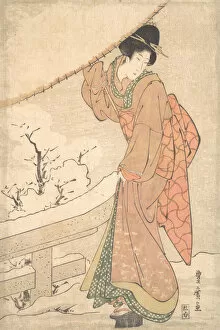Utagawa Gallery: A Young Woman in a Snow Storm Carrying a Heavily Snow-Laden Umbrella, ca. 1802