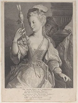 Voyeur Prints: Young woman spinning thread for an arrow, 1686-1741. Creator: Francois de Poilly