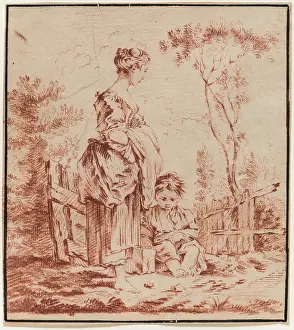 Cream Prints: Young Woman Standing with a Seated Child