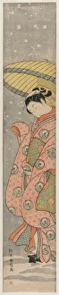 Young Woman Standing Under an Umbrella in the Snow, 1767-1768. Creator: Suzuki Harunobu (Japanese