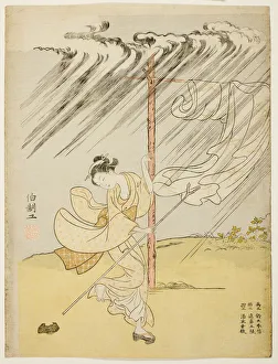 Washing Line Gallery: A Young Woman in a Summer Shower, 1765. Creator: Suzuki Harunobu