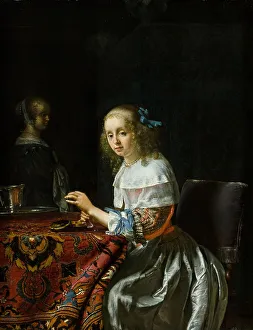 Musee Fabre Prints: Young Woman Threading Pearls, 1658. Creator: Mieris, Frans van, the Elder (1635-1681)