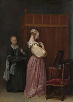 Dressing Gallery: A Young Woman at Her Toilet with a Maid, ca. 1650-51. Creator: Gerard Terborch II