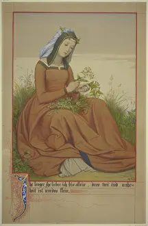 Cut Flower Prints: Young woman tying a bouquet of flowers, 1867. Creator: Eduard von Steinle