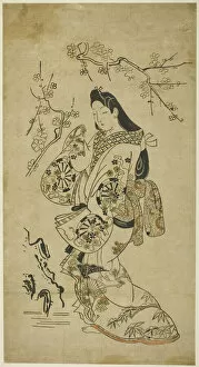 Hand Coloured Woodblock Print Gallery: A Young Woman Walking near a Plum Tree, c. 1688. Creator: Unknown
