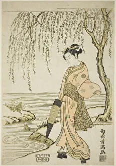 Kamejuro Prints: A Young Woman Watching Frogs (parody of Ono no Tofu), c. 1760