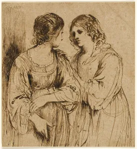 Iron Gall Ink Prints: Two Young Women in Conversation, n.d. Creator: School of Guercino Italian, 1591-1667