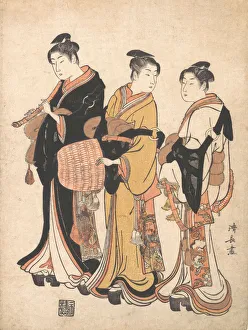 Kiyonaga Prints: Three Young Women Masquerading as Komuso (Strolling Minstrel), ca. 1778