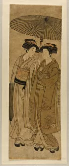 Friendship Gallery: Two Young Women Walking Under an Umbrella, c. 1777. Creator: Isoda Koryusai