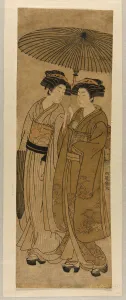 Koryusai Isoda Prints: Two Young Women Walking Under an Umbrella, c. 1777. Creator: Isoda Koryusai