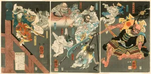 Monsters Prints: The Young Yoshitsune defeats Benkei at Gojo Bridge, c. 1848. Creator: Utagawa Kuniyoshi