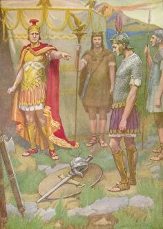 The youth laid the arms he had taken from his foe at his fathers feet, c1912 (1912). Artist: Ernest Dudley Heath