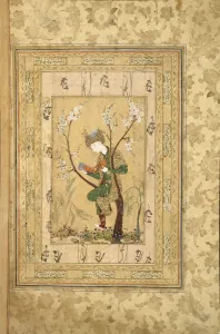 Iranian Master Prints: Youth Seated in the Fork of a Blossoming Tree, 1560s. Artist: Iranian master