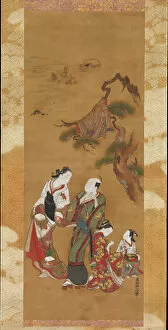 Yukihira and Two Brinemaidens at Suma, 18th century. Creator: Okumura Masanobu