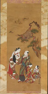 Yukihira and Two Brinemaidens at Suma, 18th century. Creator: Okumura Masanobu Yukihira and Two Brinemaidens at Suma, 18th century. Creator: Okumura Masanobu