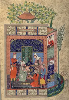 Epic Poem Prints: Zal holding the simurgh's feather during the birth of Rustam, c1590-c1595