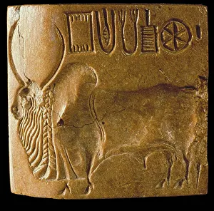 Ancient Cultur Prints: Zebu Bull Seal with Indus Script Found at Mohenjo Daro, Indus Valley, 3rd millenium BC
