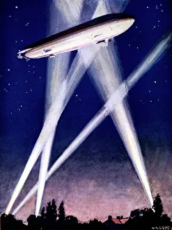 Beam Prints: Zeppelin airship caught in searchlights during a bombing raid over England, 1916