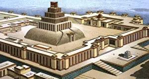 Mesopotamian Prints: Ziggurat, Assyrian temple, reproduction in a drawing by Chipiez