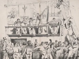 J J Grandville Prints: Zing! Zing! Boom_Boom_Boom!!! The Show of the Grrrreat Political Tumblers, August 1833