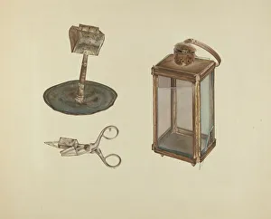 Candlesnuffer Prints: Zoar Candlestick, Snuffer and Lantern, c. 1938. Creator: Orville Cline