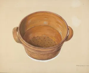 Utensils Prints: Zoar Colander, c. 1937. Creator: Fritz Boehmer