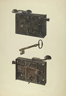 Zoar Prints: Zoar Lock w/ Key, c. 1938. Creator: Angelo Bulone