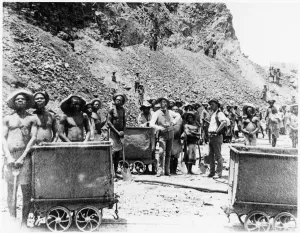 Hardship Prints: Zulu boys working at De Beers diamond mines, Kimberley, South Africa, c1885