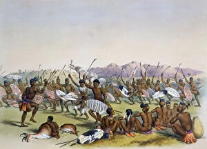 Zulu Gallery: Zulu Hunting Dance near the Engooi Mountains, 1849. Artist: George French Angas